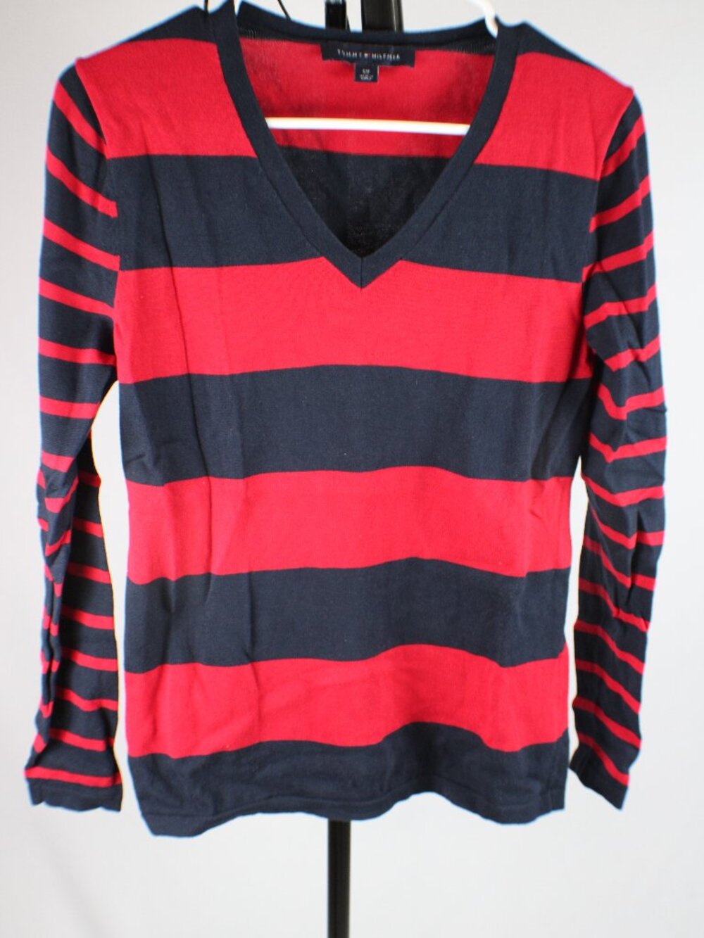 Tommy Hilfiger Striped V-Neck Sweater Red Navy Blue Small SP